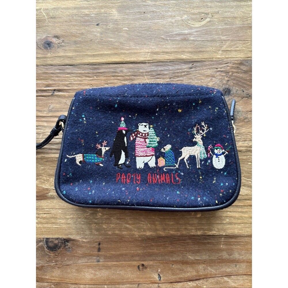 Talbots Wristlet Christmas Animals Embroidered Navy Zip Bag NWOT 90s Y2K SoHo